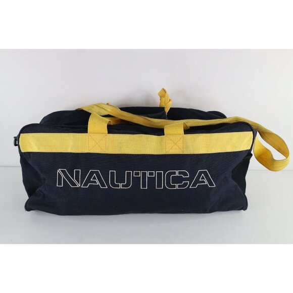 Vintage 90s Nautica Distressed Spell Out Large Handled Duffel Bag Weekender Blue